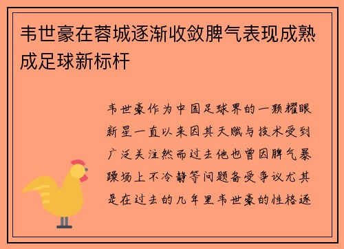 韦世豪在蓉城逐渐收敛脾气表现成熟成足球新标杆 韦世豪在蓉城逐渐收敛脾气表现成熟成足球新标杆
